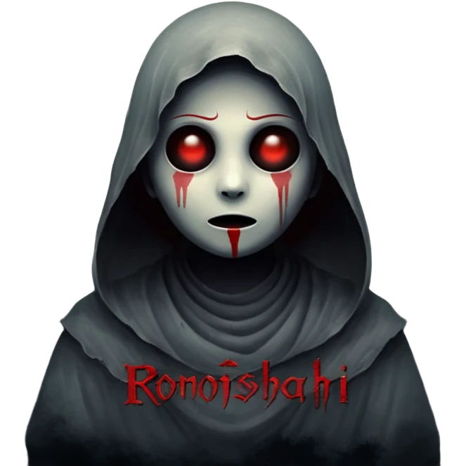 Dark horror wallpaper, 1080x2400, smoky grey charcoal background, subtle eerie light, misty fog, floating dust ("dhoasha dhoasha"), centered text "ROJONI" in distressed horror font, faint red smears, cinematic grain, spooky vibe --ar 9:20 --v 5 emoji