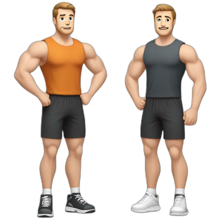 Full height Actively gesturing with hands Pale skinned Fit Man With the biceps and brown hair in dark gray Sleeveless Mike, black oversize sports shorts, watch and white Sneakers emoji