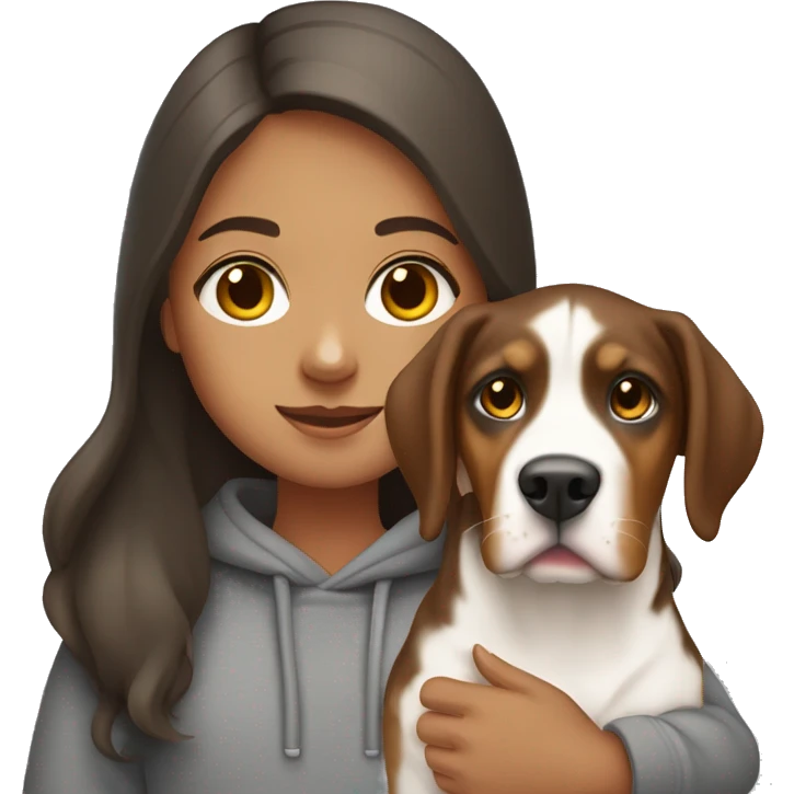 girl with long brown hair wearing a grey sweatshirt and holding a greater swiss mountain dog emoji