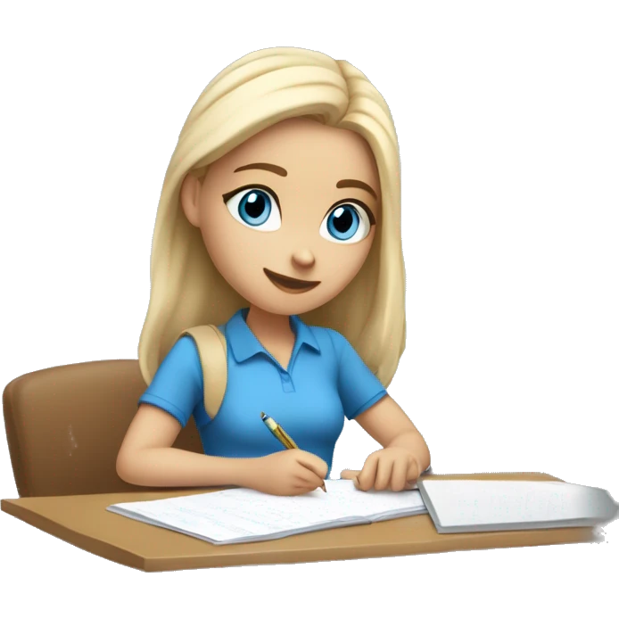 White Smart girl with blue eyes and light skin doing Homework on a desk writing on a piece of paper  emoji
