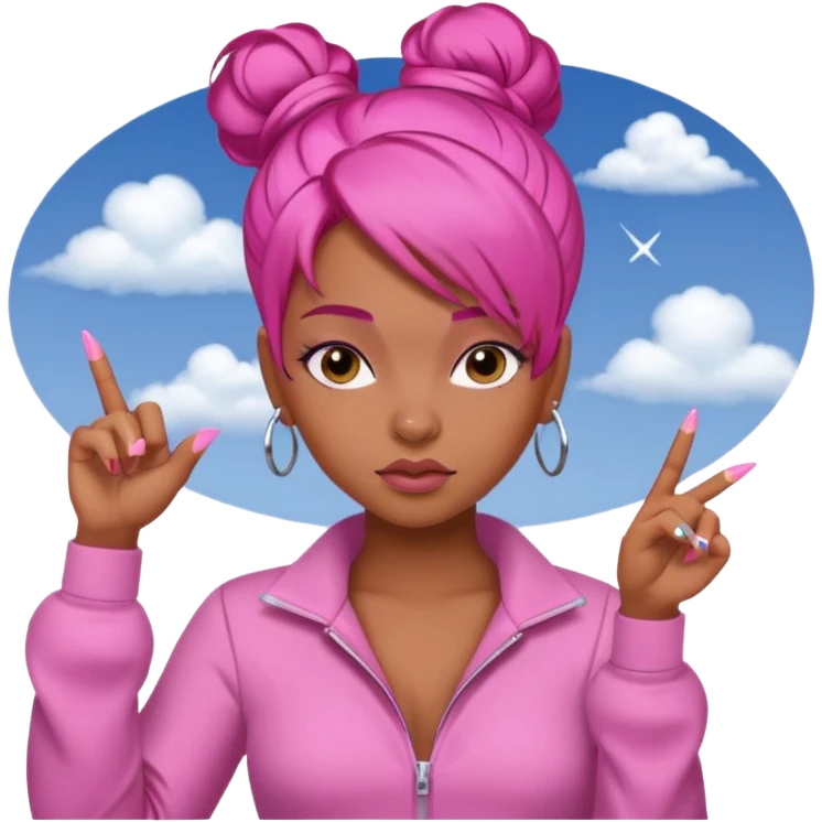 Brownskin girl , pink hair , edges ,  sassy looking pointing at the sky while pouting, pink nails, hair a slick back bun, with a pink jumpsuit  emoji