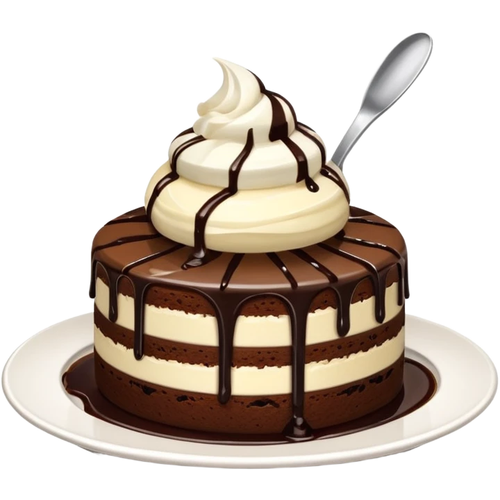 round chocolate cake with a scoop of vanilla ice cream, chocolate syrup drizzle, on a white plate, minimal and clean emoji style emoji