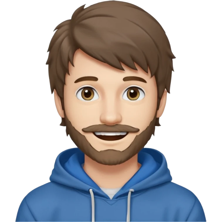 20 year old man, short scruffy beard and thin moustache, brown puffy mullet, blue eyes, big smile, white teeth, big lips, pronounced jaw, hair longer in back, sticking up on top, thin face, grey hooded sweatshirt, pale skin, big smile, blue eyes, puffy hair that is long in back, blue eyes, no bangs emoji