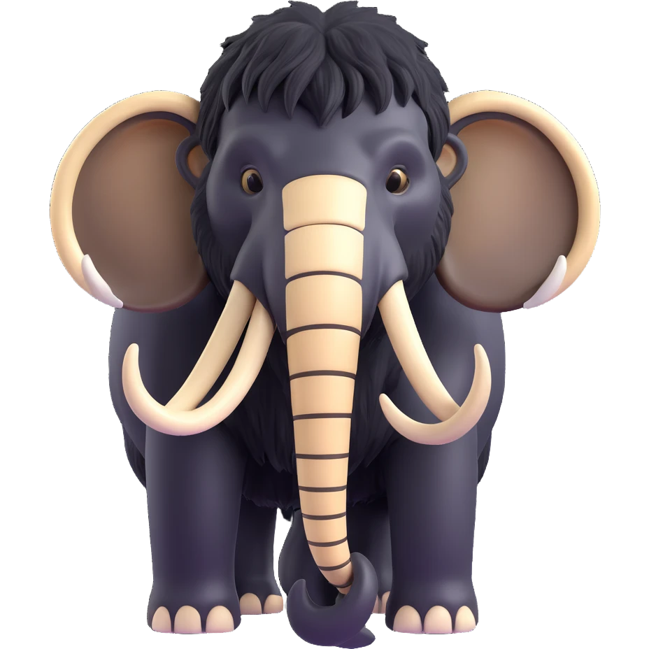 bionic mammoth with black fur and white tusks, 3D style emoji