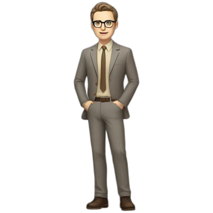Full height Actively Gesturing Pale skinned fit man with dark brown hair in gray jacket, beige office shirt, brown tie, brown pants and vintage glasses. emoji