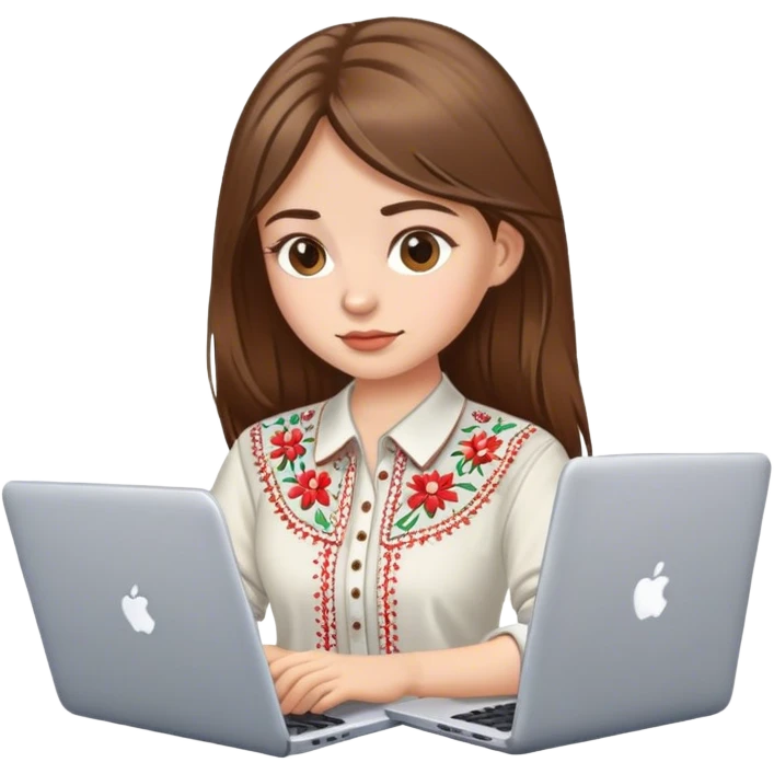 A Ukrainian girl with brown hair in an embroidered shirt works at her laptop emoji