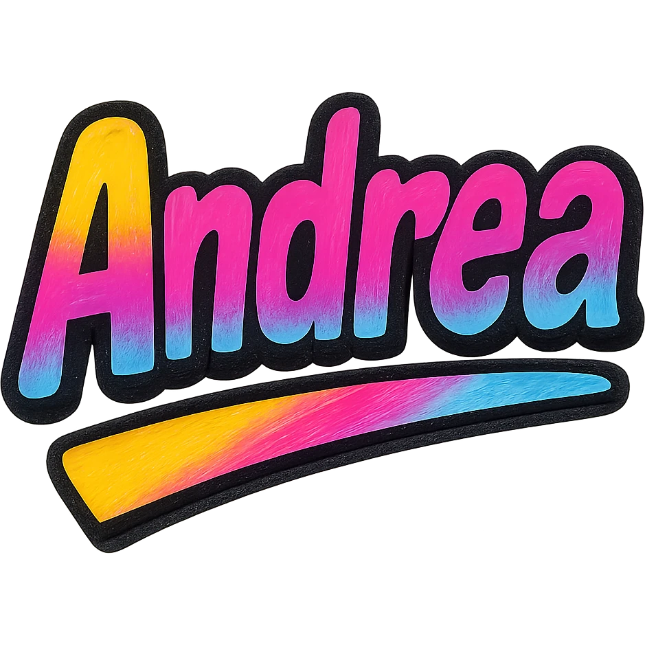 Andrea name in modern colorful gradient font with dark outline, dynamic slanted or partial underline, transparent background, in the style of reference patterns emoji