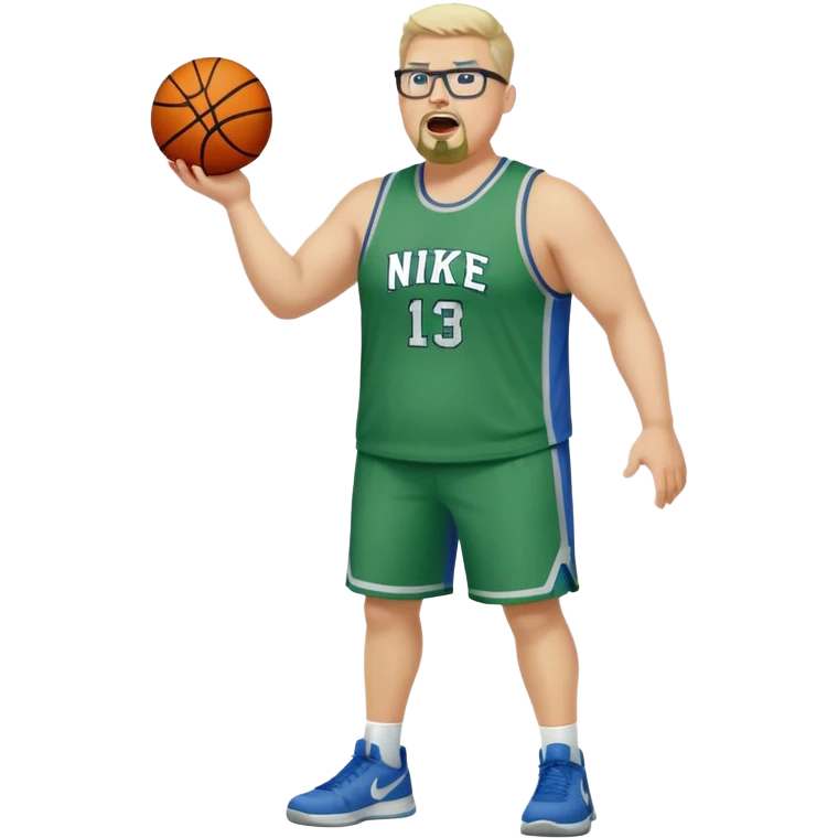 Full Body white male plus size wearing glasses with a goatee with light blonde and gray very short hair yelling basketball head Coach in blue and green wearing Nike  emoji