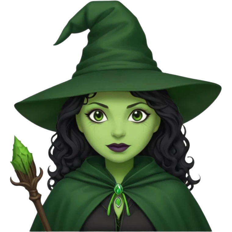 elphaba wicked witch with broom close up, evil dark curly long dark hair, green skin, thick green lips, cheekbones, smirk evil menacing cythia erivo dark aesthetic black hat cloak black broom emoji