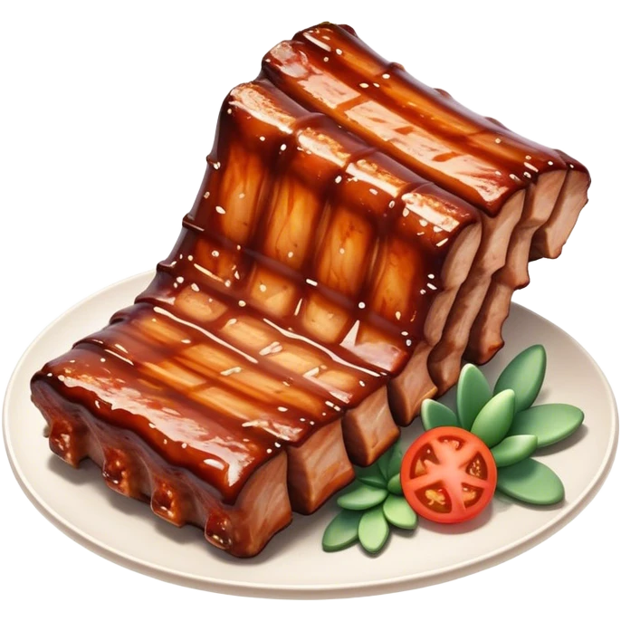 Cinematic Realistic Barbeque Ribs Dish Emoji, depicted as succulent, slow-cooked ribs with a sticky smoky glaze rendered with rich textures and dynamic, appetizing lighting. emoji