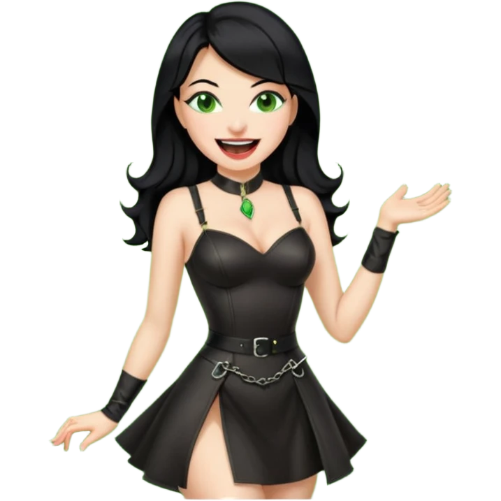🕵🏻‍♀️💦🧥 black hair , green eyes ,dominatrix dress , laughing  emoji