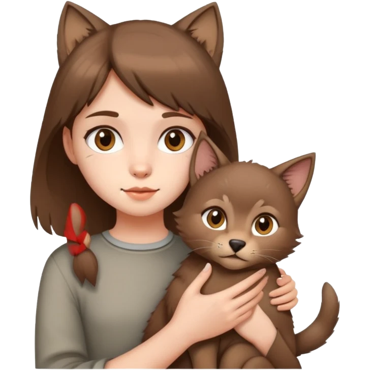 innocent girl and she has brown wolf cut hair, she holds cat emoji