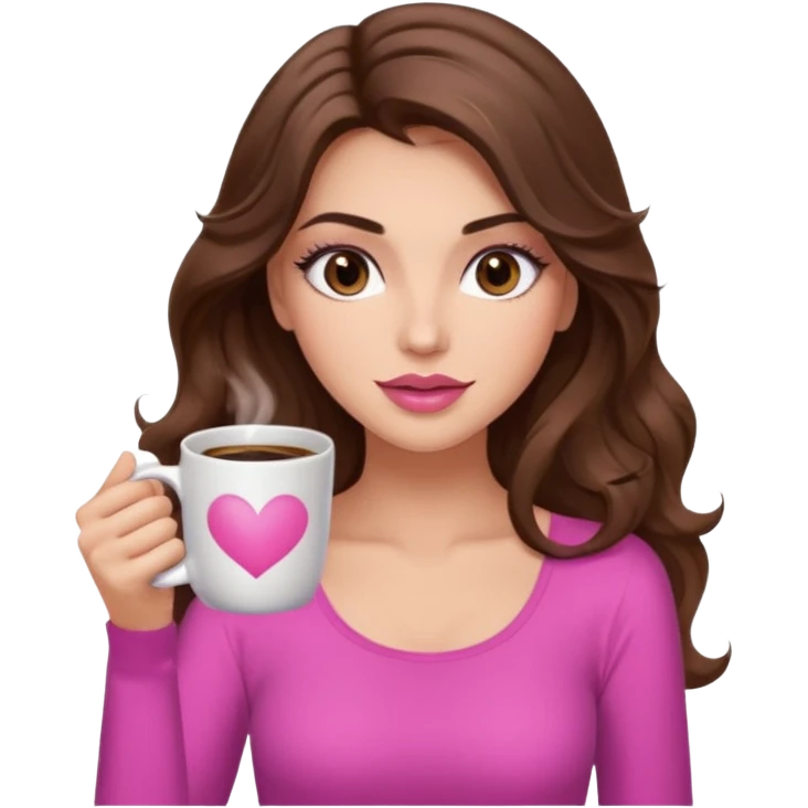girl with long wavy brown hair, brown eyes, long lashes, makeup ,sexy pink lips, light to medium complexion, pink sexy top, with a coffee mug emoji