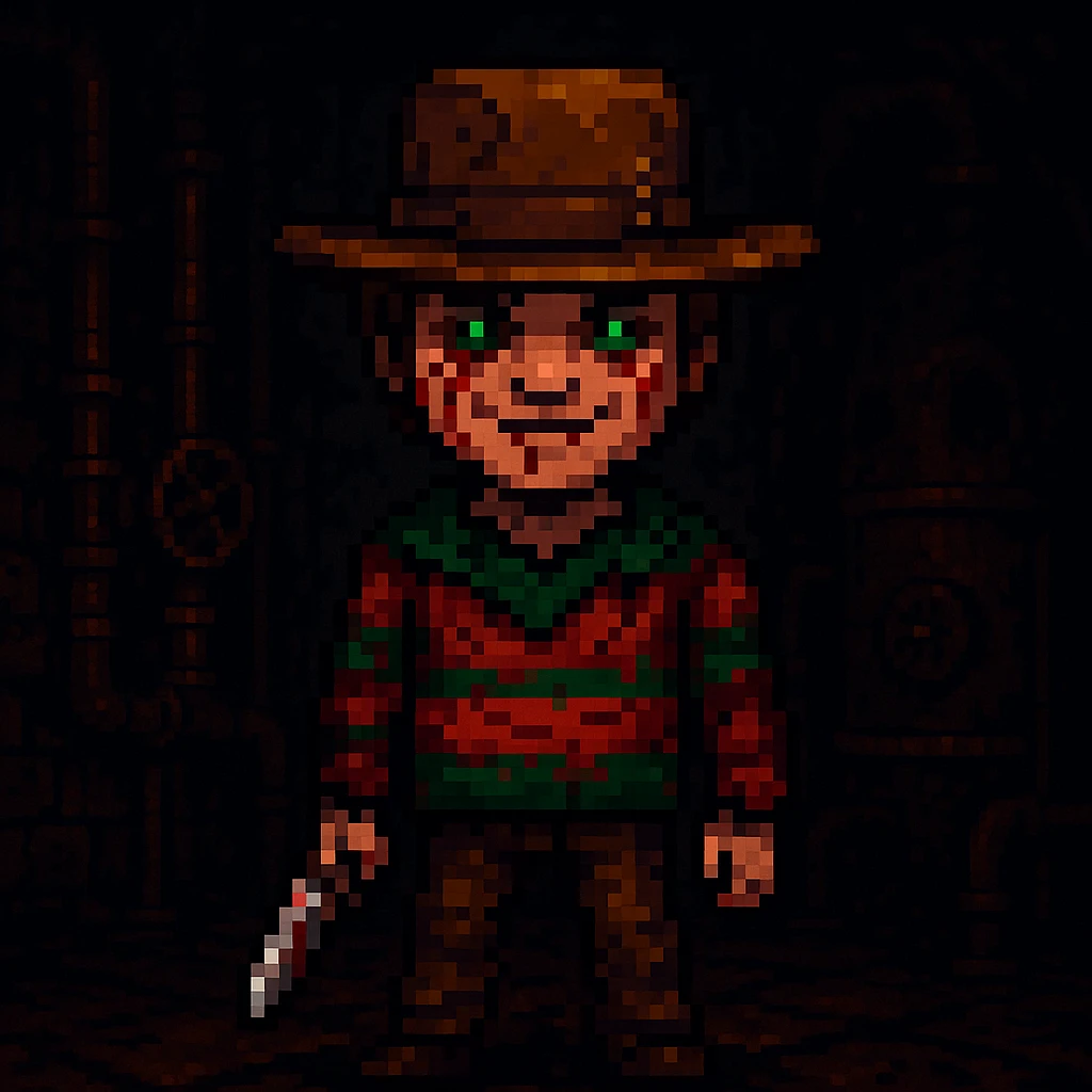 Add a spooky, nightmarish background with a boiler room and dark shadows behind Freddy Krueger, keep pixel art style emoji