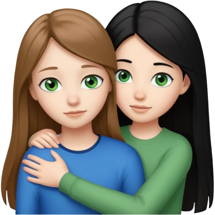 una ragazza dall‘ età di 19 anni con capelli castani chiaro lunghi e lisci ,  occhi celesti,  e una ragazza di 17 anni capelli neri occhi verdi che si abbracciano   emoji