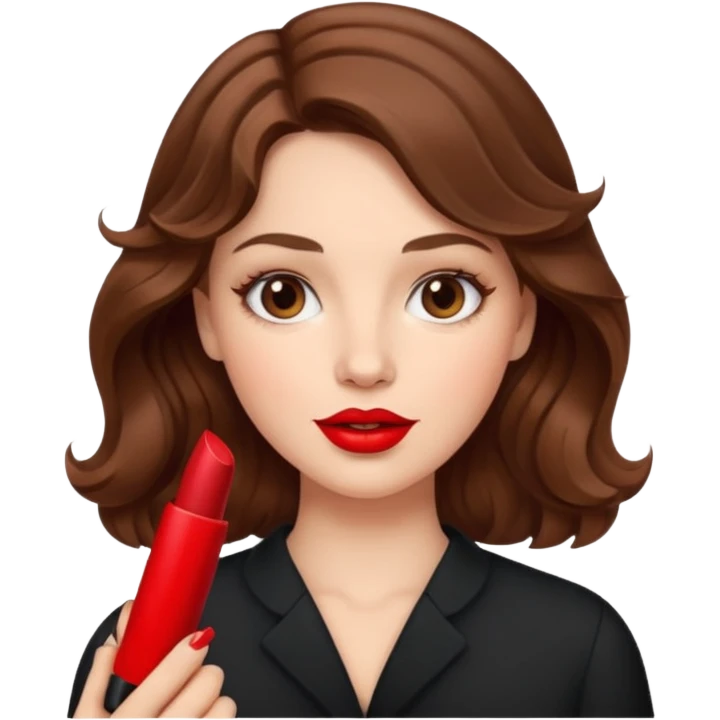 Chica de color blanco cabello ondulado color castaño sosteniendo un labial emoji
