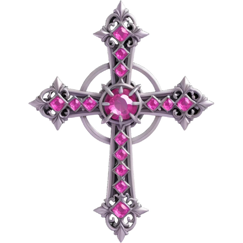 3D gothic cross with pink gemstones, intricate details, metallic finish emoji
