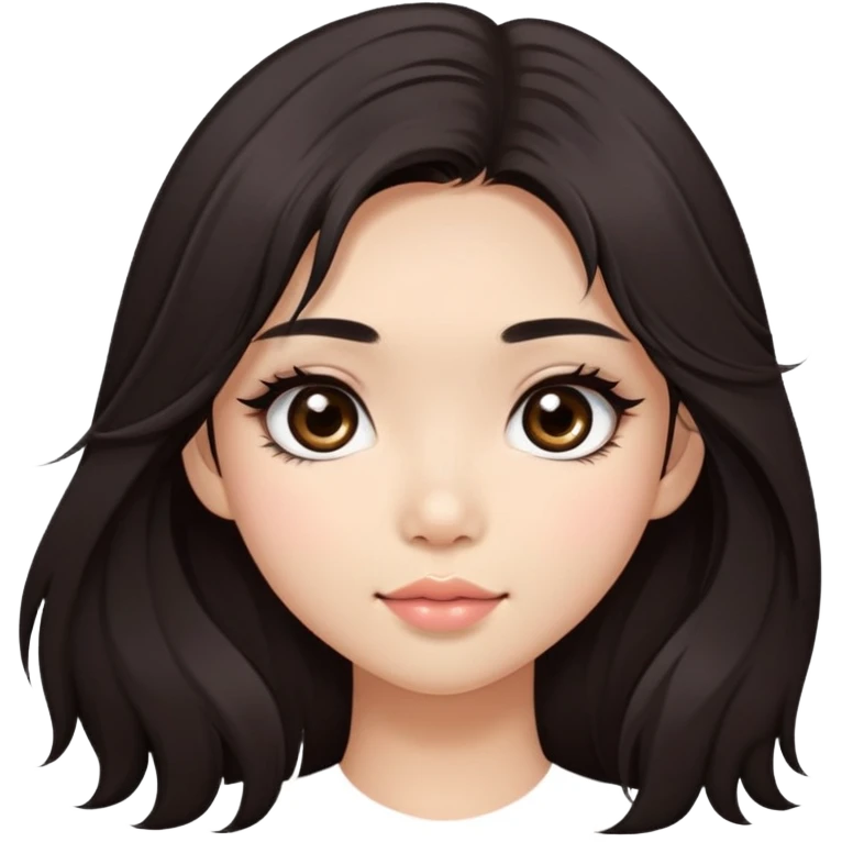 Asian girl with very long shaggy deep dark brown hair, big dark eyes. long lower lashes, cheekbones with blush. big dimples. long hair emoji