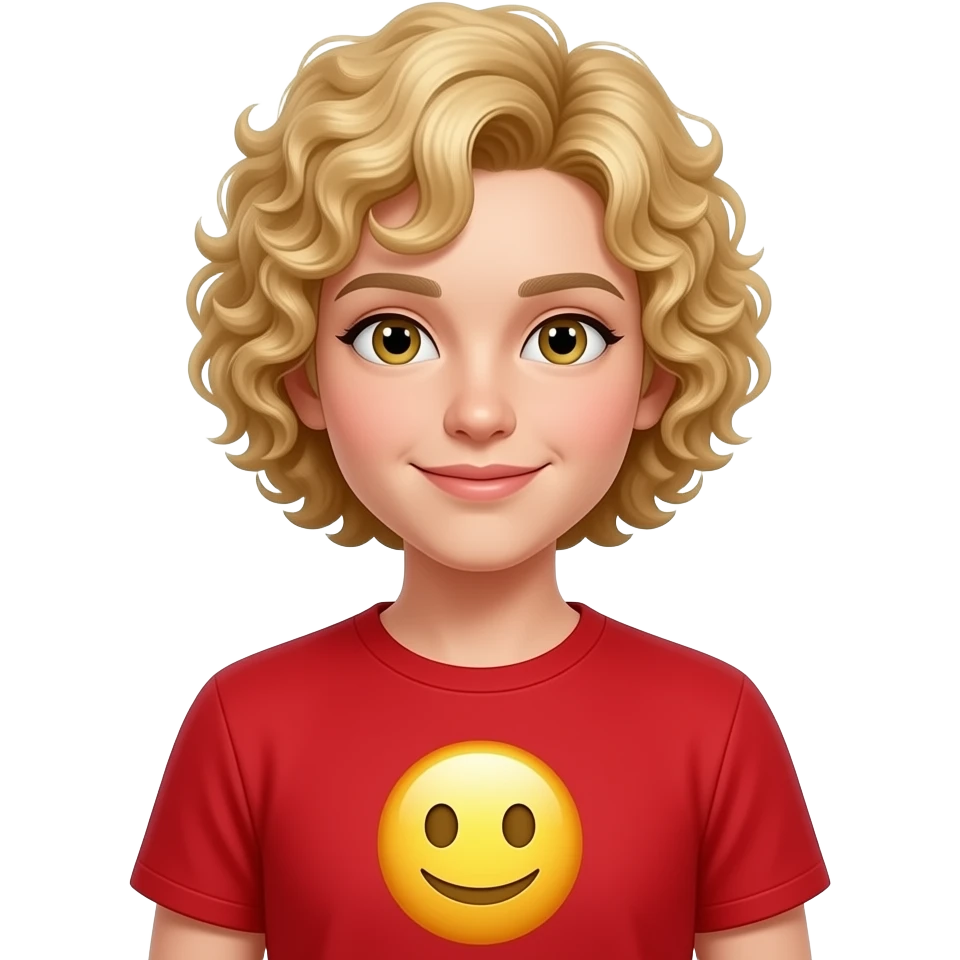 short blonde tight curly hair with a yellow emoji in a red short sleeve short emoji