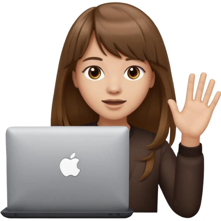 a designer with light skin long brown hair bangs waving with computer, no glasses emoji
