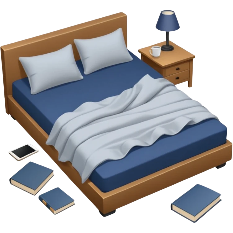 messy bed with a wrinkled blanket, the pillow out of place on the floor. Around the bed, scattered items include a t-shirt, pants, and an open book on the floor. emoji