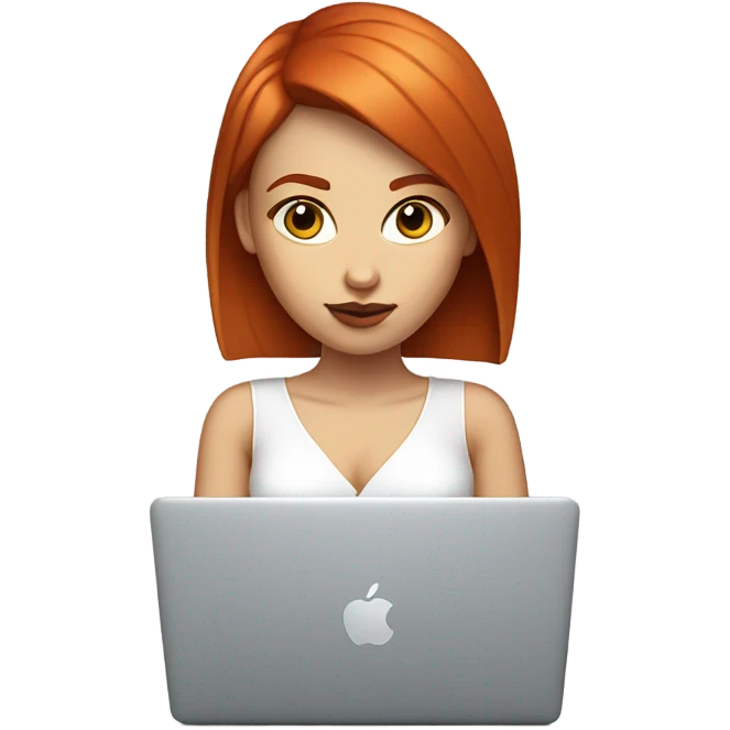 girl with straight short red hair, big lips, big eyes, calm face, in white decolletage works on macbook emoji