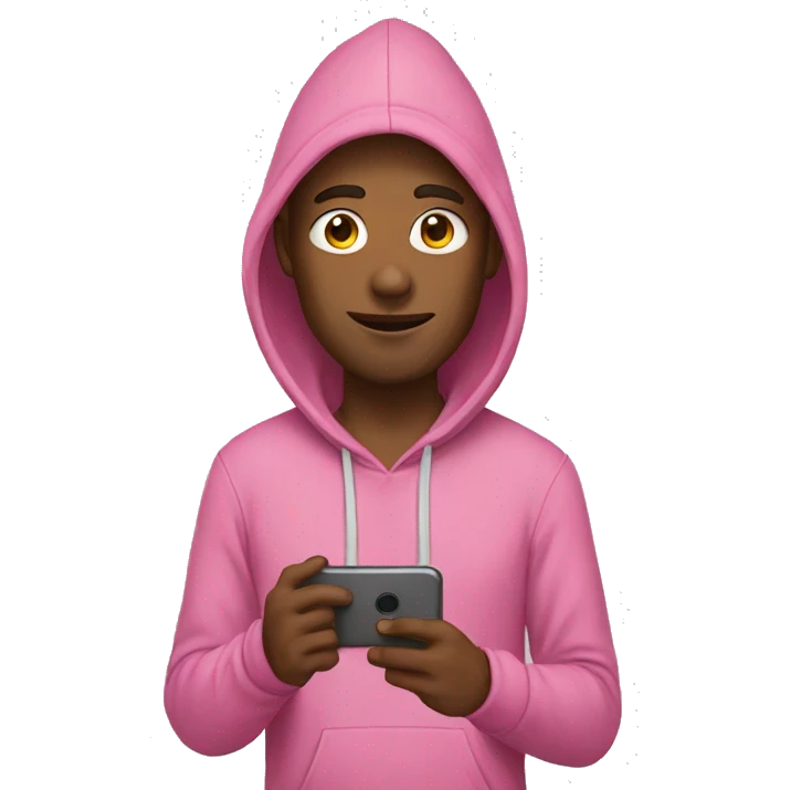 Man in pink hoodie holding phone emoji