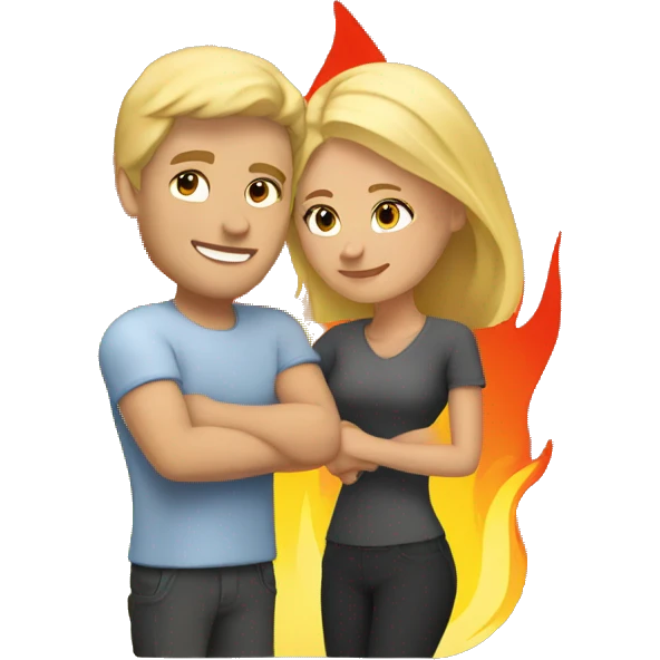 blonde man and blonde woman cuddle by fire emoji