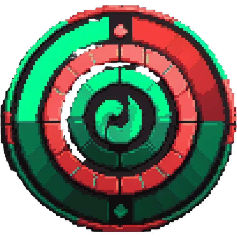 Circular member emblem with green to red gradient swirl pattern and member symbol emoji