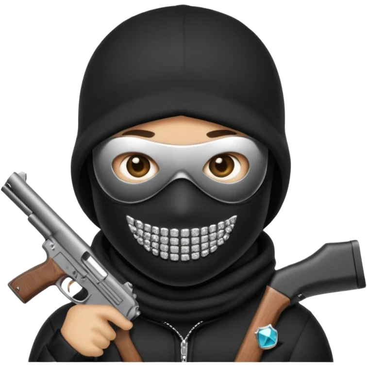emoji with diamond grillz and black ski mask on with a gun emoji