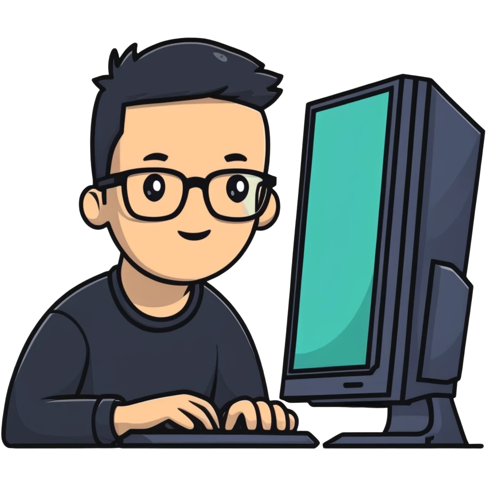 Young man with glasses using an outdated desktop computer with bulky monitor emoji