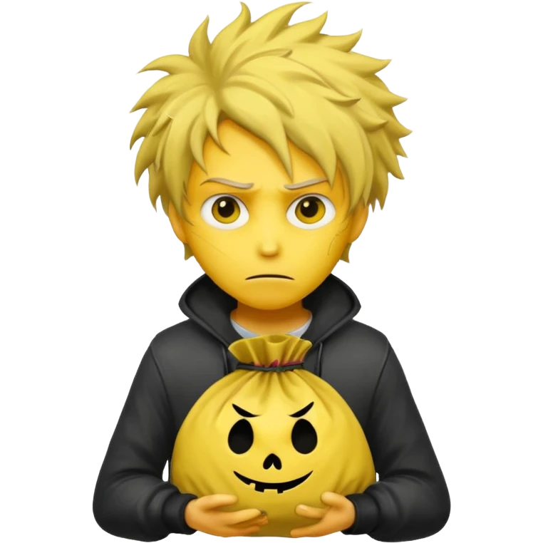 Ladrão com saco de dinheiro emoji efeito Mandela com pele amarelo com apenas a cabeça e os ombros aparecendo sem mãos emoji