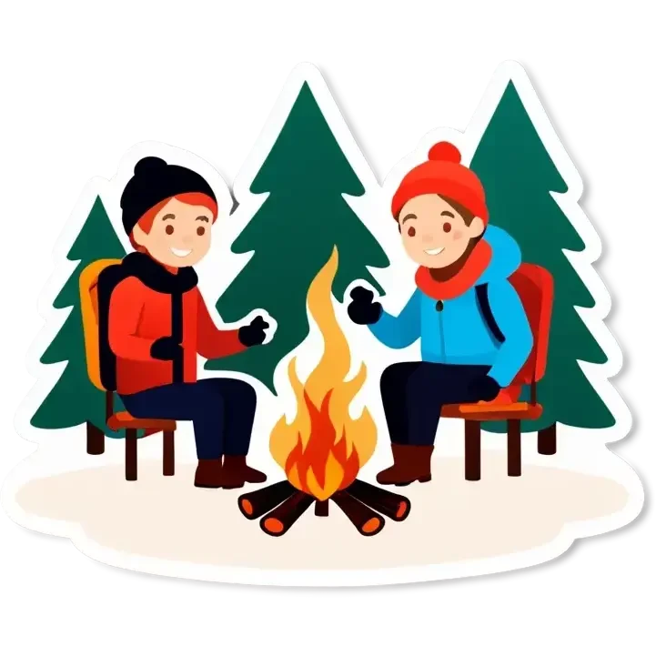 Drei Personen, Lagerfeuer in schneebedeckten Wald mit Nordlichtern am Himmel emoji