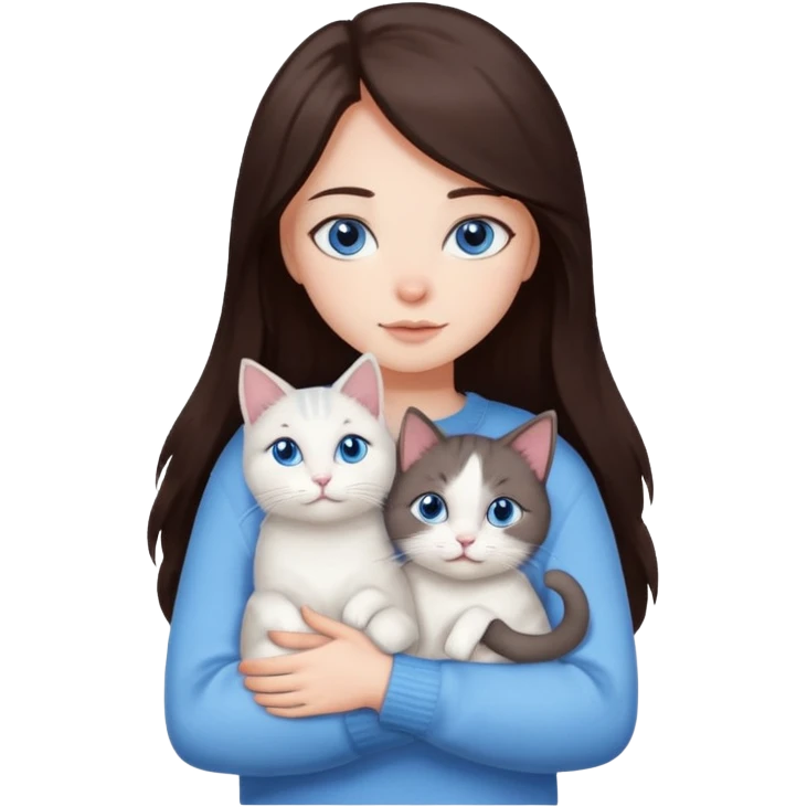 a girl with long dark 
brown hair, with blue eyes, in a
white sweater, hugs 3 different natural coloured cats emoji