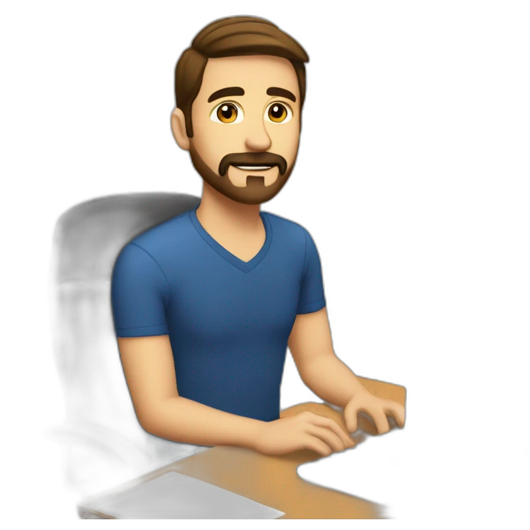 a man with short straight slightly raised brown hair, with a beard and mustache is sitting at a computer in the office emoji