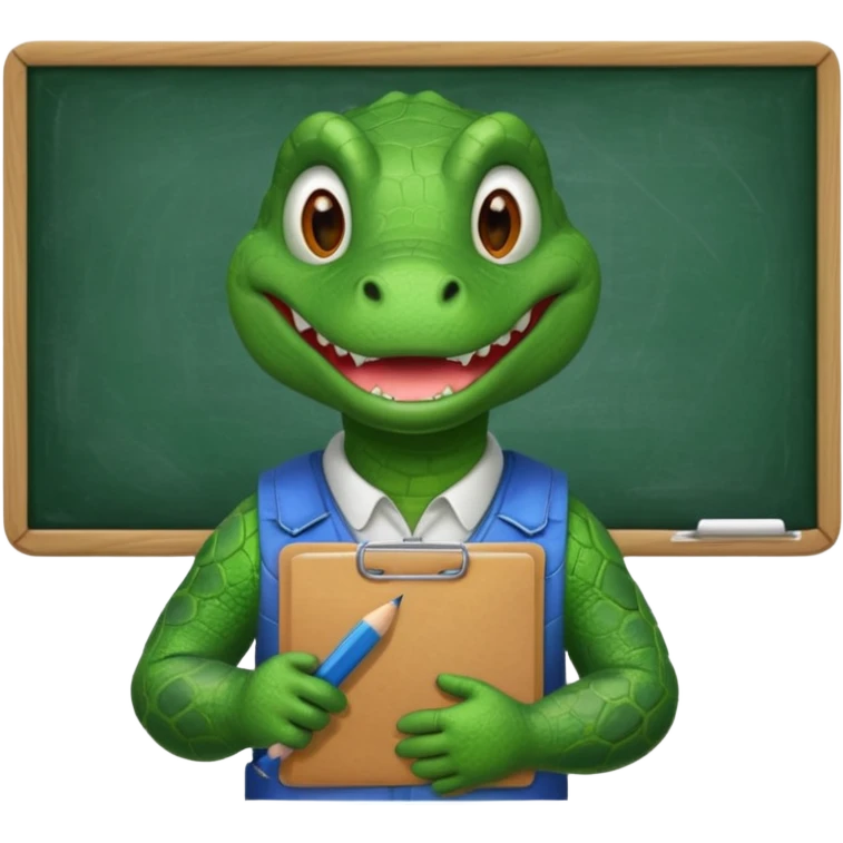 A 1960s style image of a gator with a clipboard and a pencil in front of a chalkboard emoji