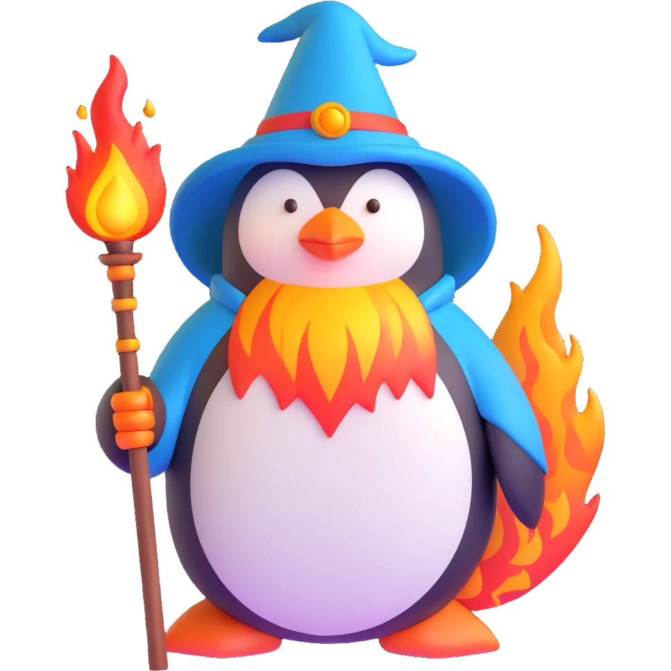 penguin wizard with fire staff and flames emoji