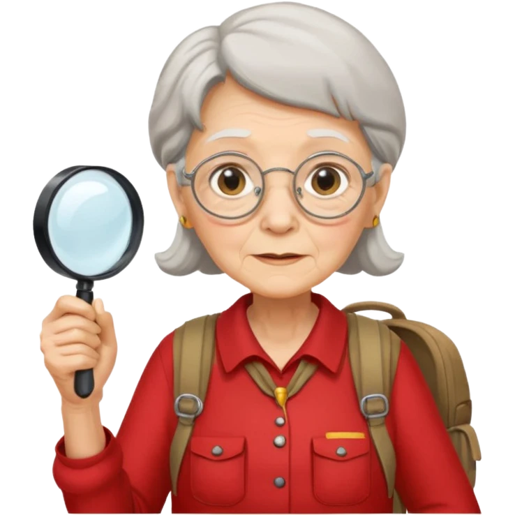 scout old woman backpack and magnifying glass, red emoji