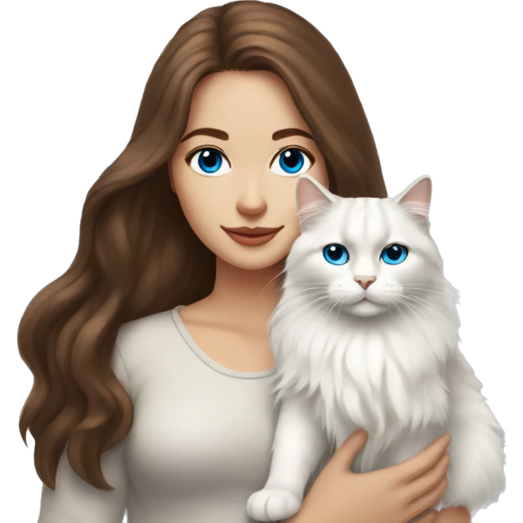 woman with long brown hair and holding a all white Siberian cat with blue eyes emoji