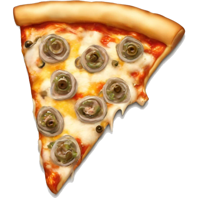 A pizza slice topped with anchovies, capers, and a drizzle of olive oil. emoji