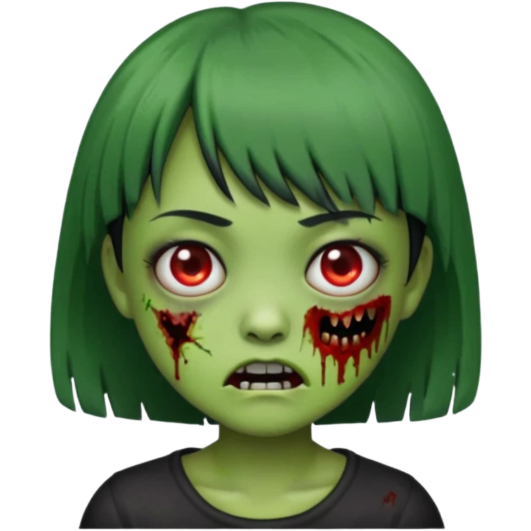 emoji, garota zumbi, estilo iphone, verde, com cabelo curto, preto, com franja, machucados pelo rosto, zumbi, com olhos brancos emoji