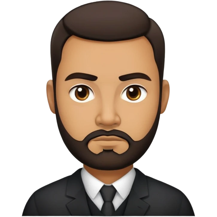 Heavier-set producer with light brown skin, pear-shaped face, full cheeks, serious dark eyes, thick eyebrows, wide nose, confident expression, short well-groomed beard, very short dark hair, wearing a black dress shirt emoji