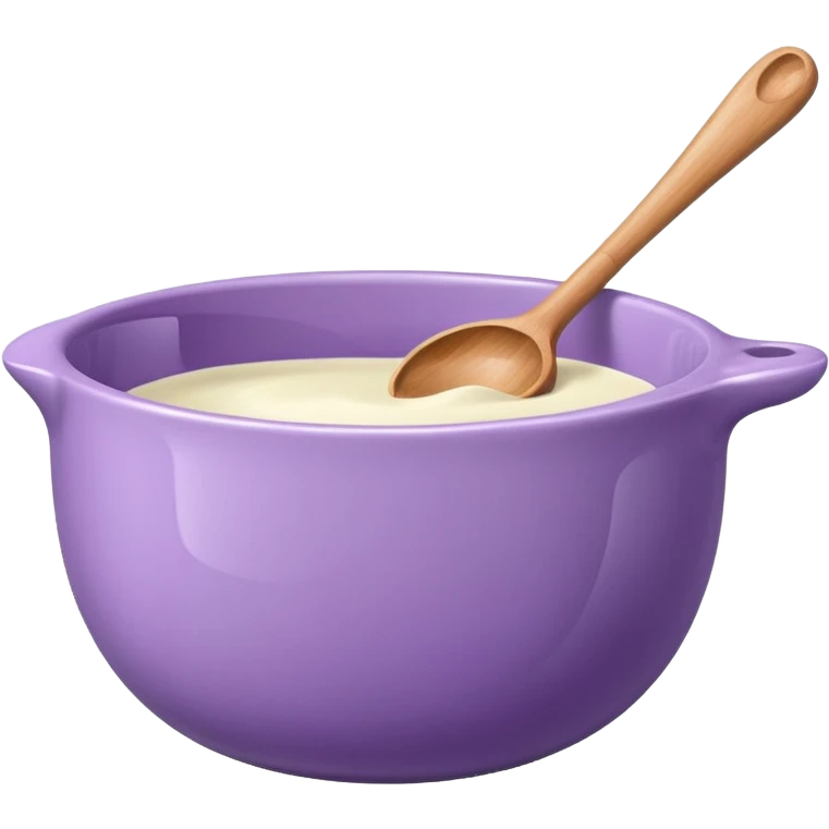 a lilac ceramic mixing bowl with a wooden spoon stirring emoji