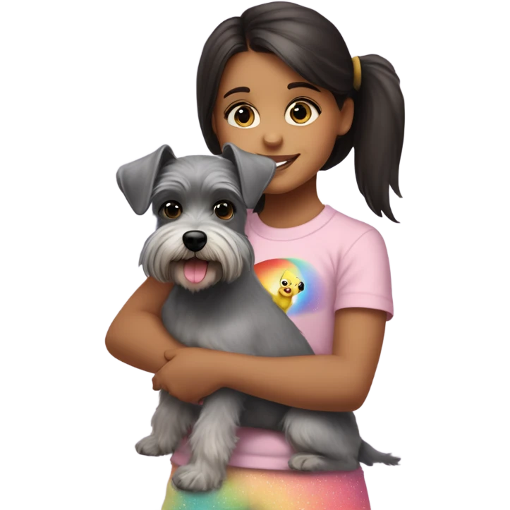 A tweety four-year-old girl with dark hair and brown eyes in a light pink T-shirt and rainbow leggings hugs a gray miniature Schnauzer dog emoji