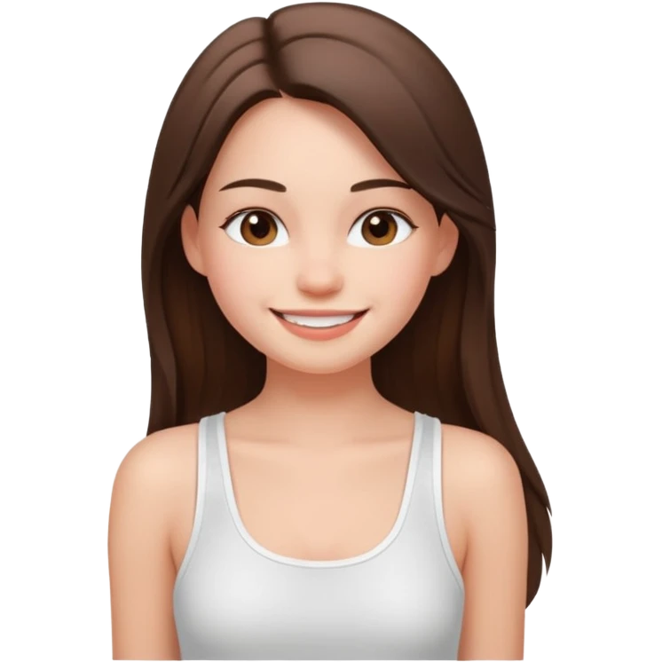 a pretty bratz fair girl with straight brunette long hair, wearing a white thin strap trap tank top, smiling emoji