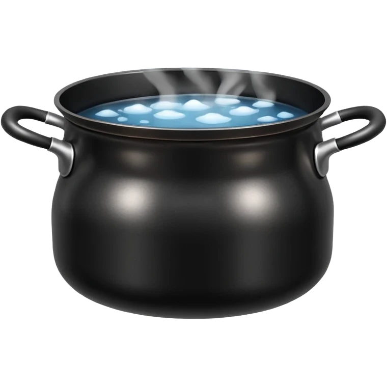 black small metal pot filled with boiling water on a stove, visible hot steam and rising bubbles, realistic heat effect, shiny pot surface, bright lighting, clean white background emoji