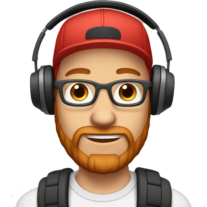 37 year old male, balding, with a snap back cap, red beard, headphones on emoji