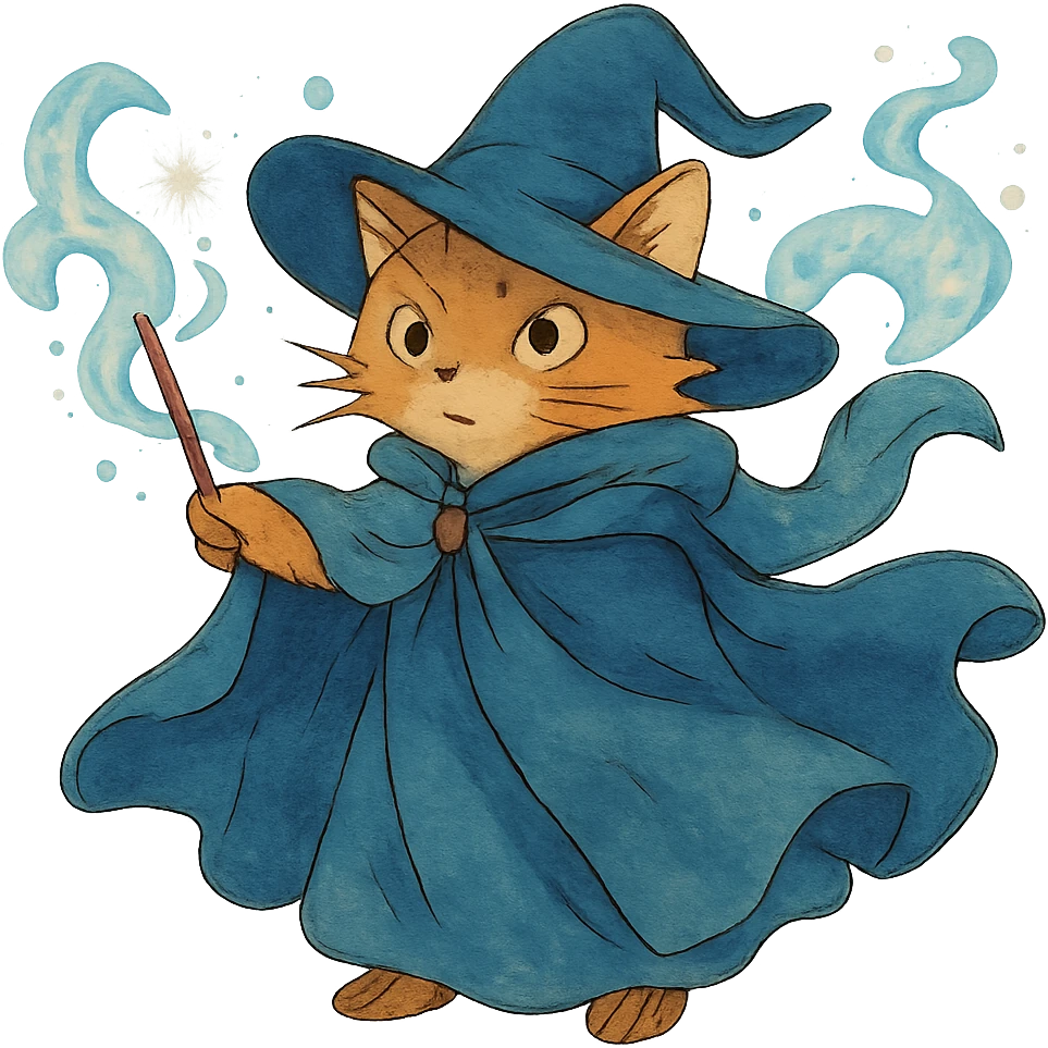 ghibli style wizard cat with a flowing cloak and magical aura emoji