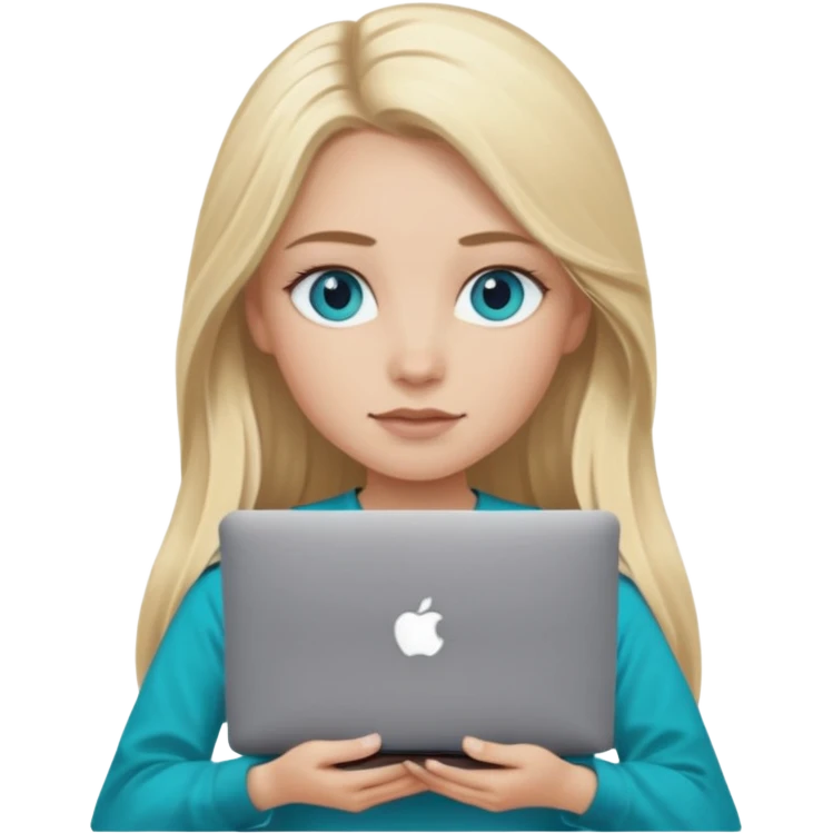 blonde long hair girl using macbook emoji. she has blue eyes and dark coffee shirt with Teal coloured accesory emoji