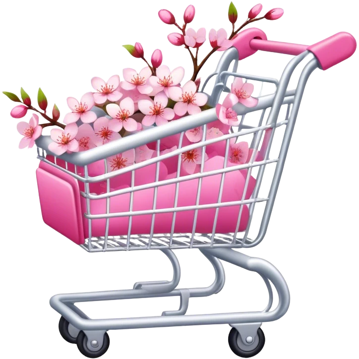 White shopping cart wrapped with pink cherry blossoms emoji